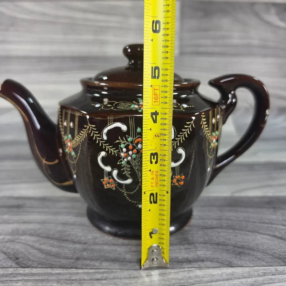 Vintage Japanese Dark Brown Teapot Hand Painted Raised Moriage Floral Gold Japan